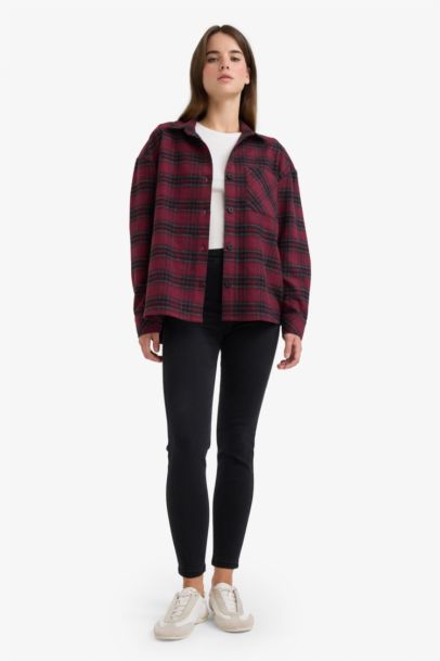 Oversize Fit Shirt Collar Flanel Plaid Long Sleeve Shirt