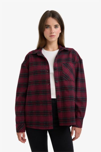 Oversize Fit Shirt Collar Flanel Plaid Long Sleeve Shirt
