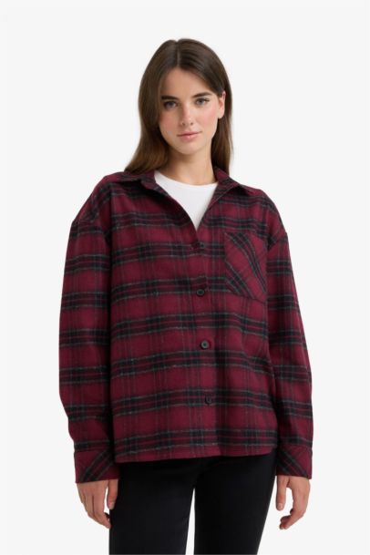 Oversize Fit Shirt Collar Flanel Plaid Long Sleeve Shirt