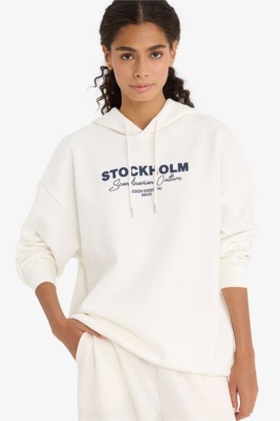 Oversize Fit Hooded Printed Thick Fabric Sweatshirt