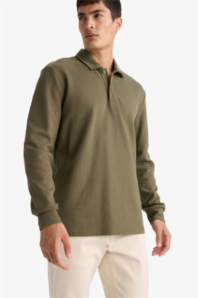 Regular Fit Waffle Polo Collar Long Sleeve Sweatshirt