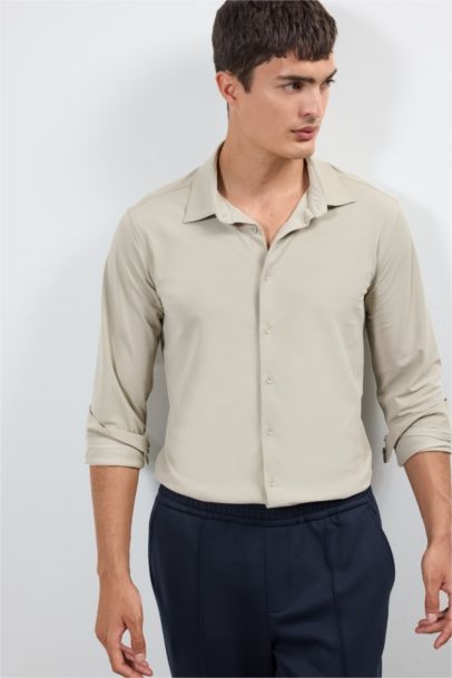 Slim Fit Polo Neck Pique Long Sleeve Shirt