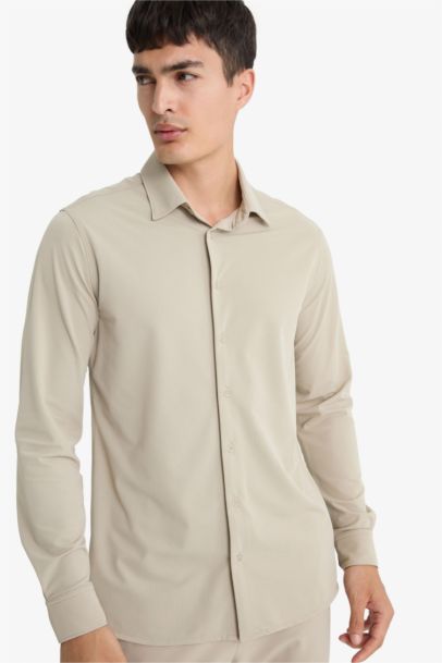 Slim Fit Polo Neck Pique Long Sleeve Shirt