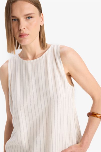 Regular Fit Crew Neck Striped Linen Blend Sleeveless Blouse