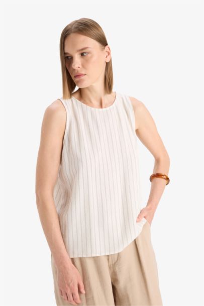 Regular Fit Crew Neck Striped Linen Blend Sleeveless Blouse