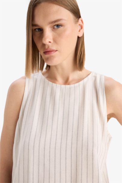 Regular Fit Crew Neck Striped Linen Blend Sleeveless Blouse