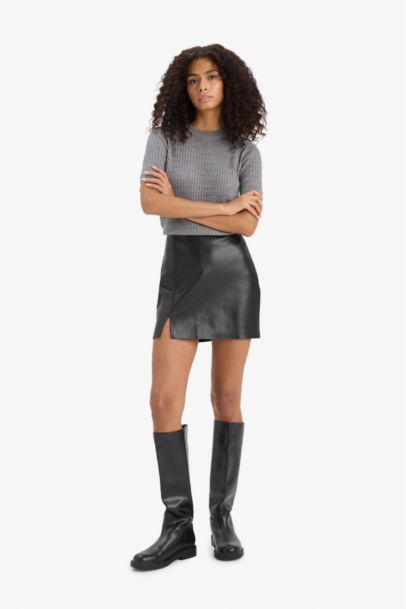 Faux Leather Normal Waist Mini Knitted Skirt