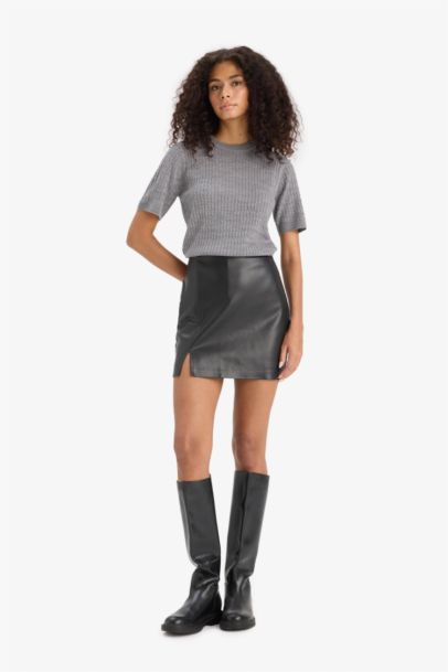 Faux Leather Normal Waist Mini Knitted Skirt