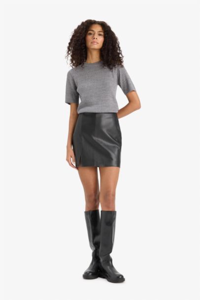 Faux Leather Normal Waist Mini Knitted Skirt