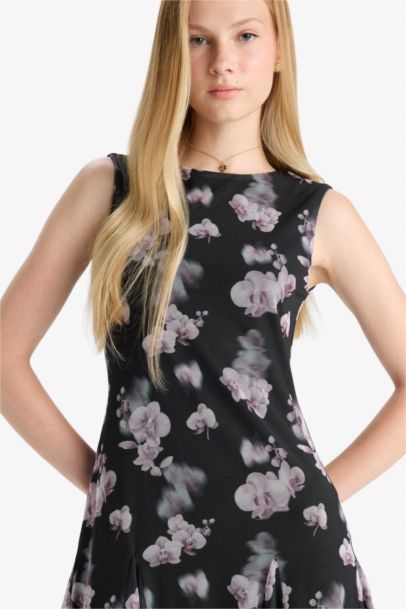 Mini Robe en tulle fleurie sans manches à col rond