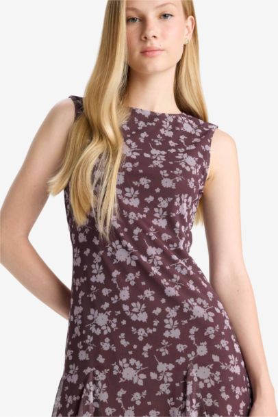 Crew Neck Printed Tulle Mini Dress