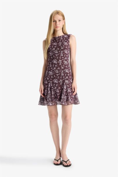 Crew Neck Printed Tulle Mini Dress