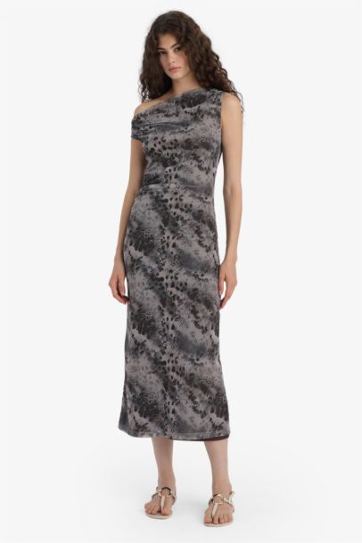 Bodycon Vücudu Saran Açık Omuz Desenli Tül Maxi Elbise