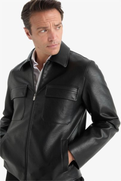 Su İtici Slim Fit Dar Kesim Polo Yaka İç Cepli Fermuarlı Rüzgar Geçirmez Suni Deri Mevsimlik Mont