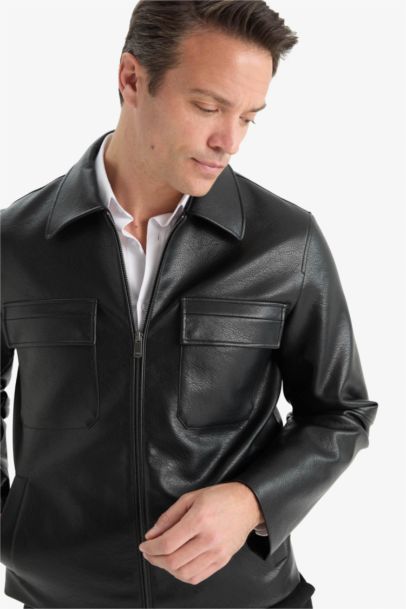 Su İtici Slim Fit Dar Kesim Polo Yaka İç Cepli Fermuarlı Rüzgar Geçirmez Suni Deri Mevsimlik Mont