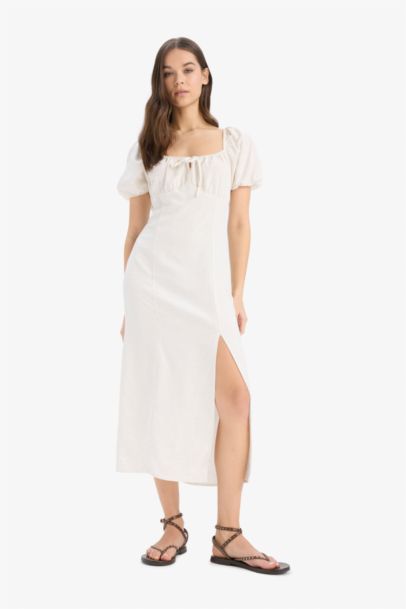 V-Neck Linen Blended Midi Dress