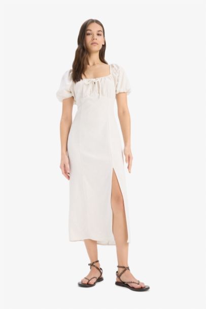 V-Neck Linen Blended Midi Dress