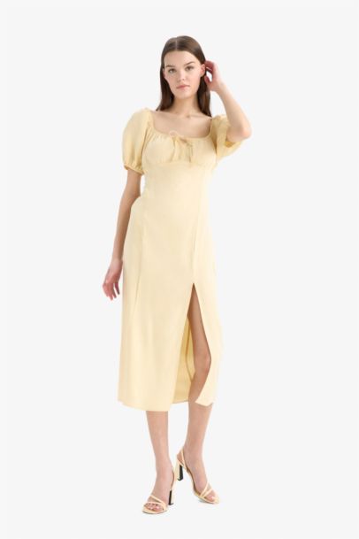 A Cut V Neck Linen Blend Short Sleeve Midi Dress