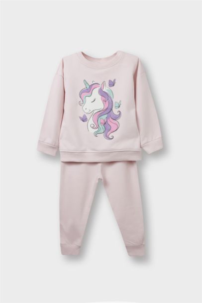 2'li Takım Unicorn Baskılı İçi Yumuşak Tüylü Sweatshirt Eşofman Altı Kız Bebek