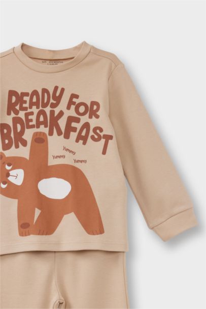 %100 Pamuklu Ayı Baskılı Beli Lastikli Pijama Takımı Erkek Bebek