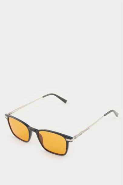 Erkek Klasik Kare Siyah Metal Çerçeve Turuncu Cam UV Güneş Gözlüğü