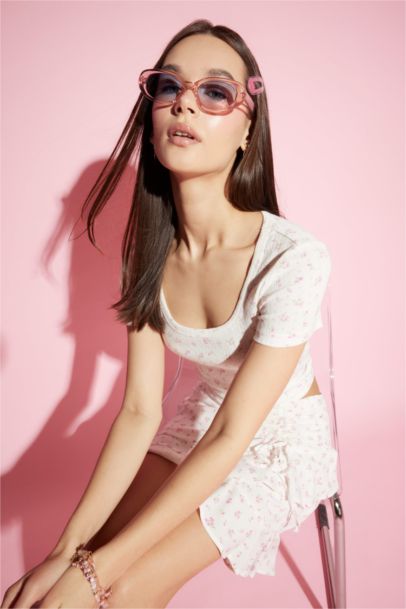 Kadın Yuvarlak Pembe Plastik Çerçeve Pembe Cam UV Güneş Gözlüğü