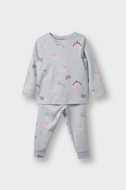 %100 Pamuklu Desenli Beli Lastikli Pijama Takımı Kız Bebek