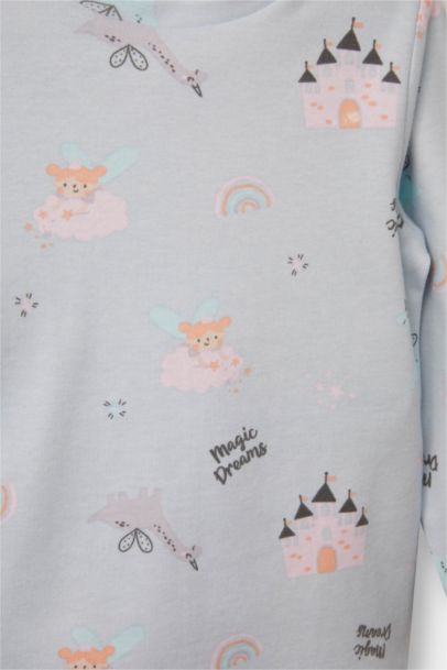 %100 Pamuklu Desenli Beli Lastikli Pijama Takımı Kız Bebek