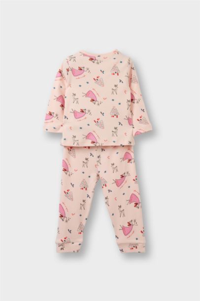 %100 Pamuklu Desenli Beli Lastikli Pijama Takımı Kız Bebek