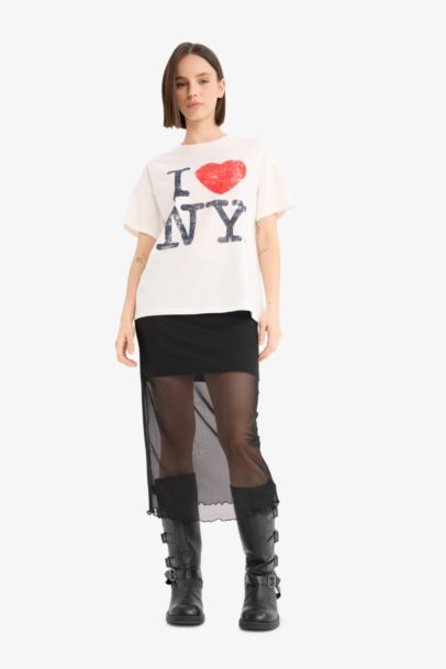 I Love NY Oversize Geniş Kalıp Bisiklet Yaka Baskılı Kısa Kollu Tişört