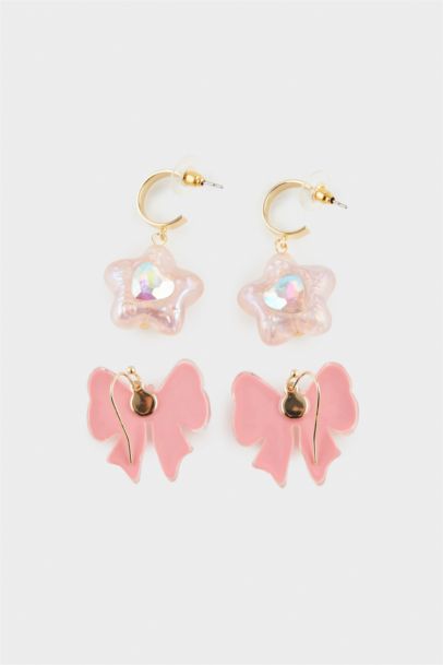 Woman 2 Piece Pink Flower Bow Earrings
