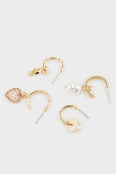 Woman 4 Piece Heart Detail Gold Earrings