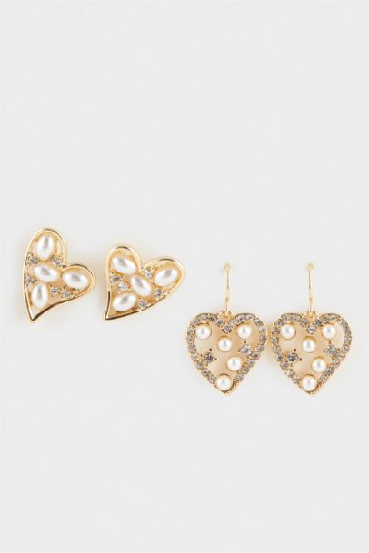 Woman 2 Piece Heart Detailed Gold Earrings
