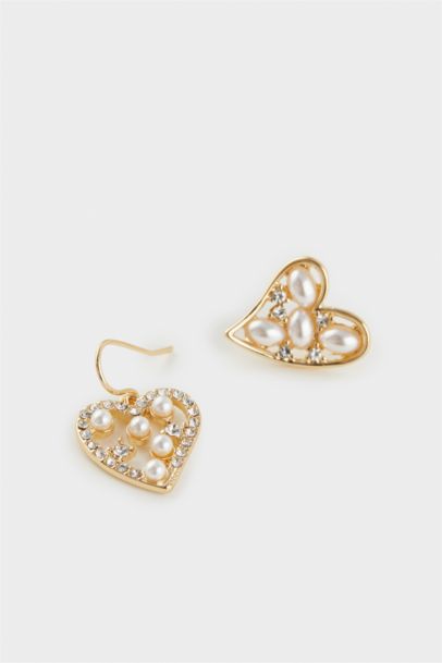 Woman 2 Piece Heart Detailed Gold Earrings