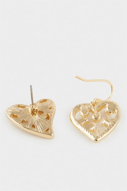 Woman 2 Piece Heart Detailed Gold Earrings