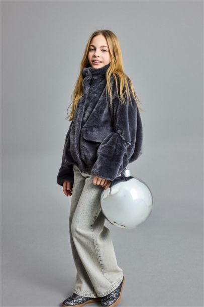 Fermuarlı Cepli Pelüş Mont Kız Çocuk