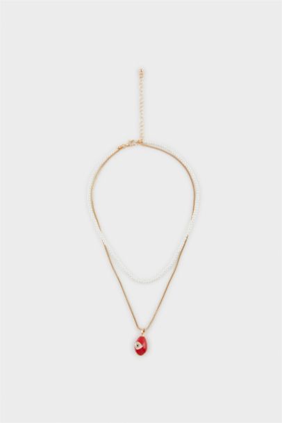Woman Red Stone Pearl Necklace