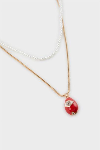 Woman Red Stone Pearl Necklace