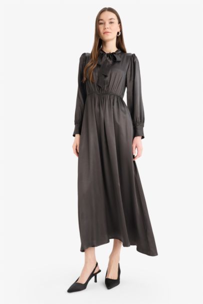 Regular Fit Bow Collar Satin Midi Dress