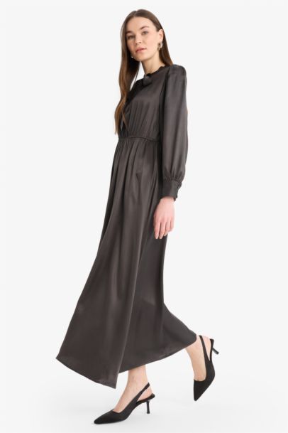 Regular Fit Bow Collar Satin Midi Dress