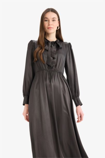 Regular Fit Bow Collar Satin Midi Dress