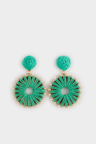Woman Green Straw Detailed Earrings