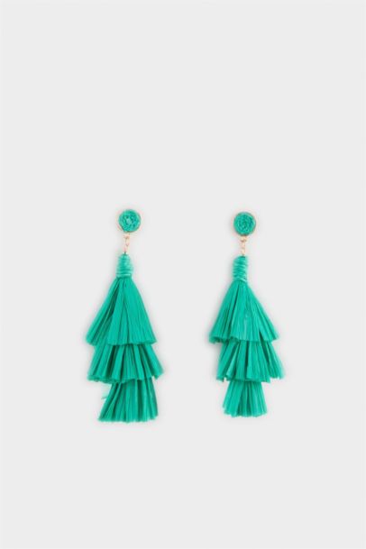 Woman Green Straw Detailed Dangling Earrings