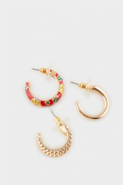 Woman 3 Piece Flower Gold Earrings