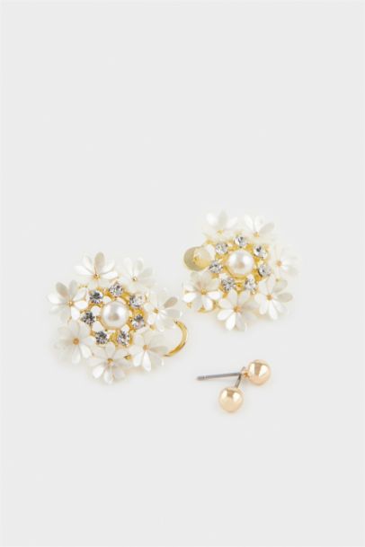 Woman 2 Piece Pearl Detailed Flower Earrings
