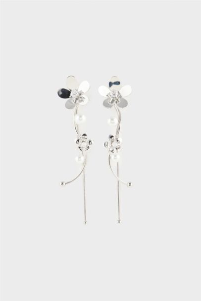 Woman Floral Dangle Silver Earrings