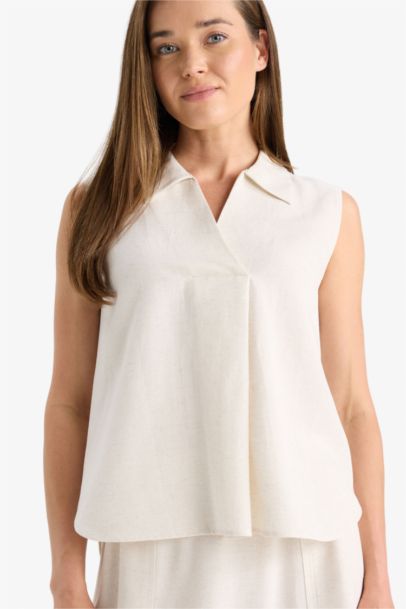 Regular Fit Polo Yaka Keten Karışımlı Kolsuz Bluz