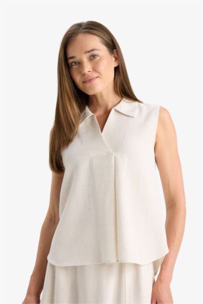 Regular Fit Polo Yaka Keten Karışımlı Kolsuz Bluz