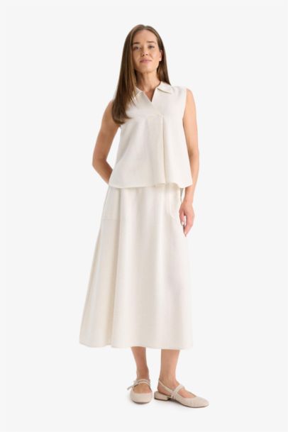 Regular Fit Linen Blend Cargo Midi Skirt