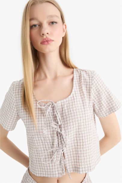 Regular Fit V Neck Crinkle Fabric Blouse